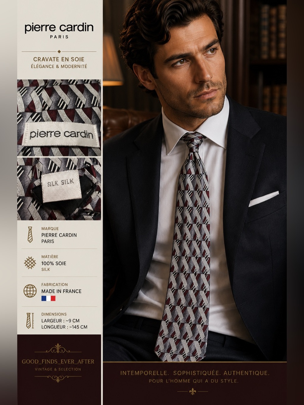 Pierre Cardin Paris - Burgundy and Gray Geometric Silk Tie